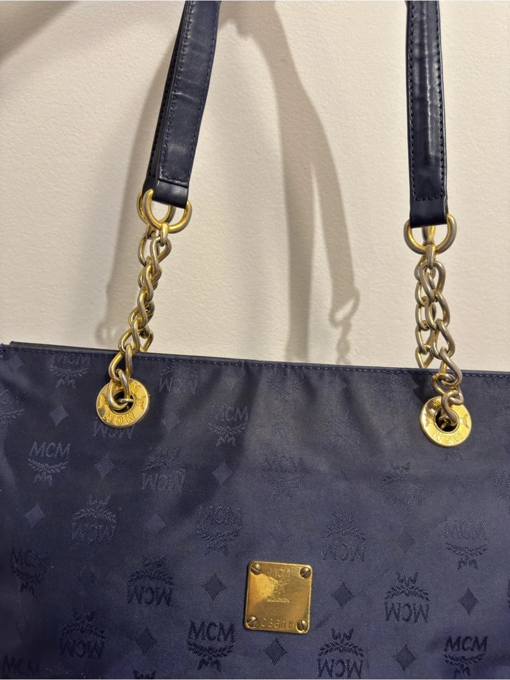Authentic Vintage MCM Navy Blue Nylon Visetos Chain Tote Bag Description: